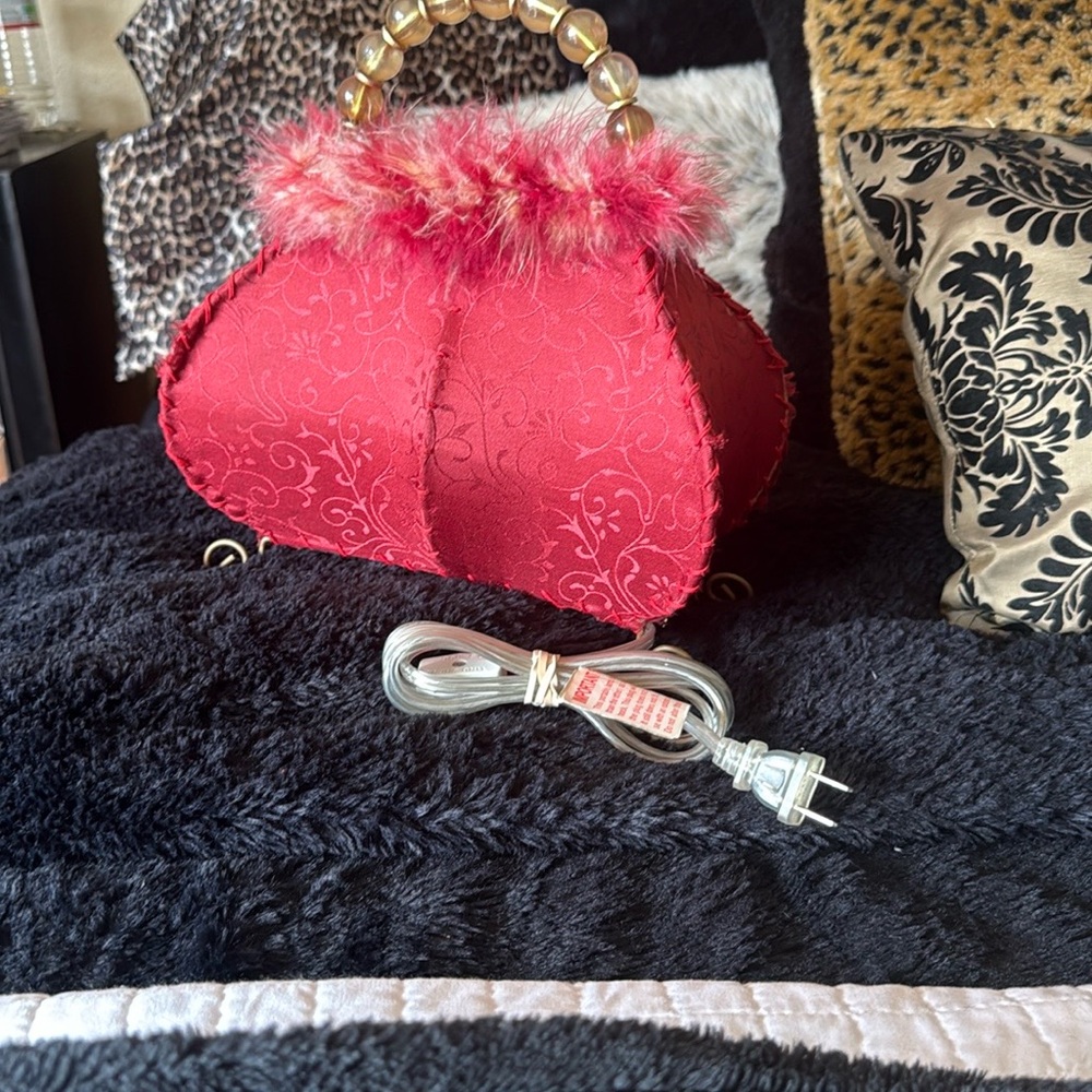 Red Decorative lamp Handbag with Faux Fur Trim